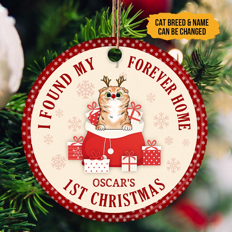 Cat Lover Christmas Forever Home - Personalized Custom Circle Ceramic Ornament 1