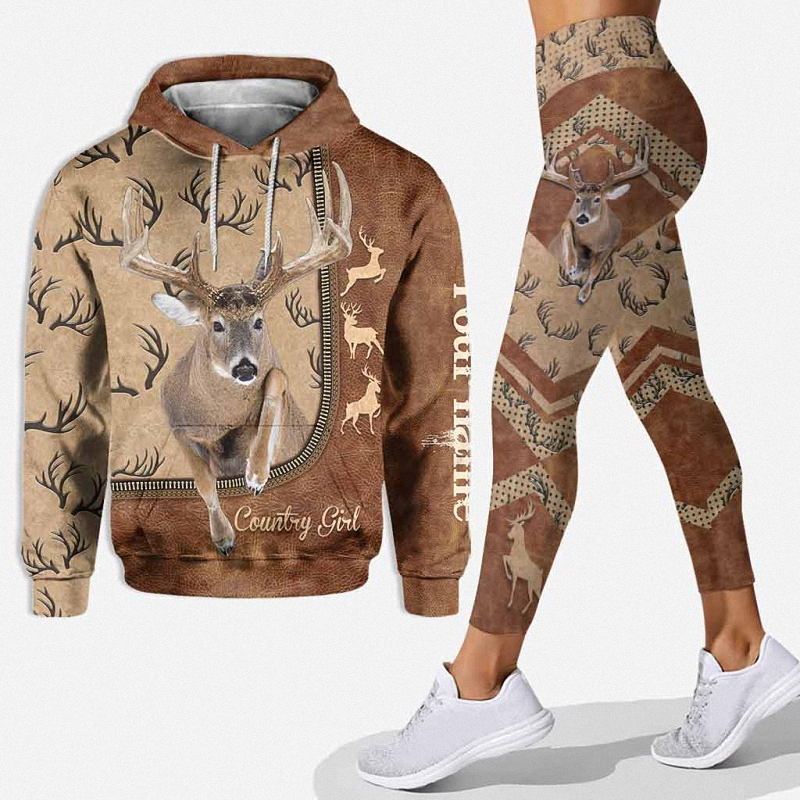 Country Girl Personalized Hunting Hoodie and Leggings With Leather Pattern Print 1 Hoodie 3D, Leggings