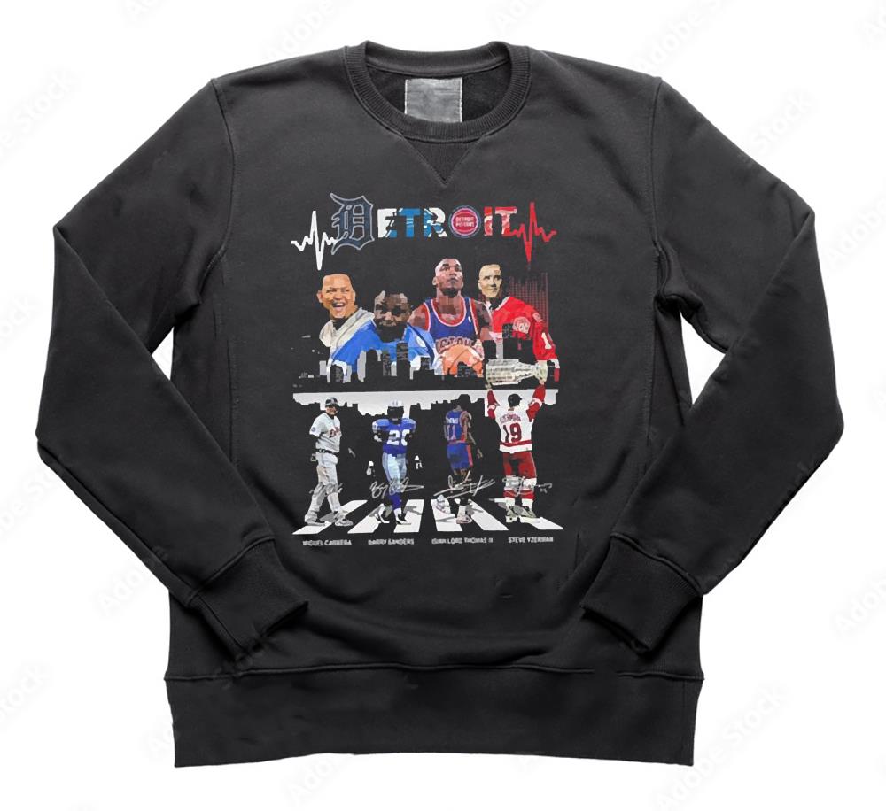 Detroit sport city Miguel Cabrera Barry Sanders Isiah Thomas Steve Yzerman abbey road signatures shirt
