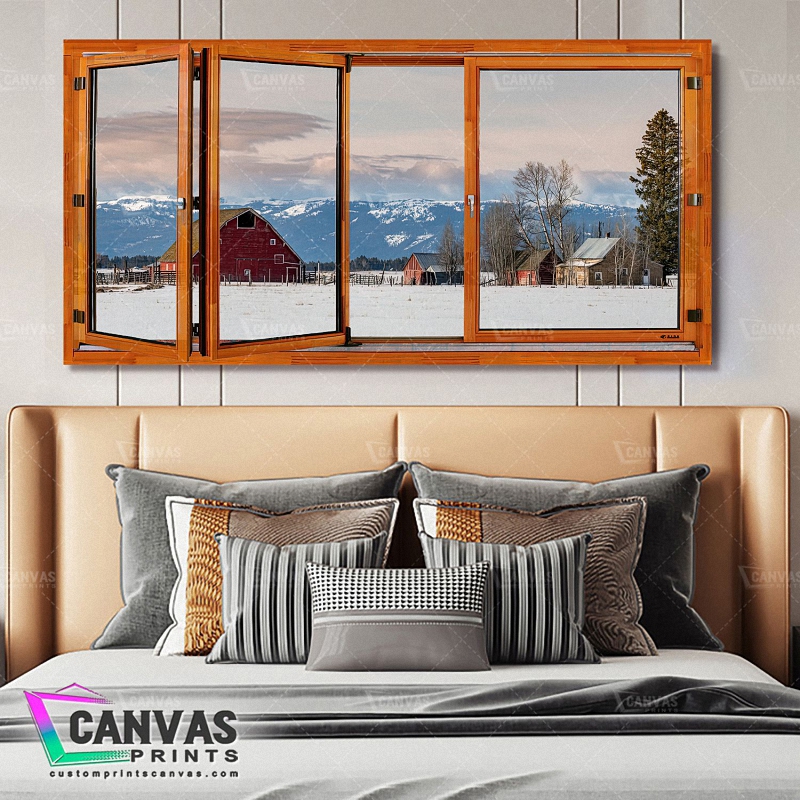 Faux Window Canvas Prints Winter Red Barn In Snow Mountain View Home Decor Wall Art 1