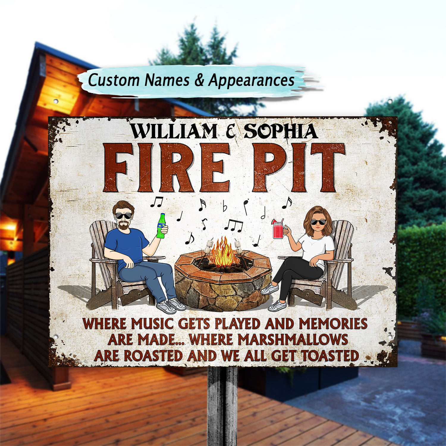 Fire Pit Where Music Gets Played Husband Wife Camping Couple Backyard Sign 1