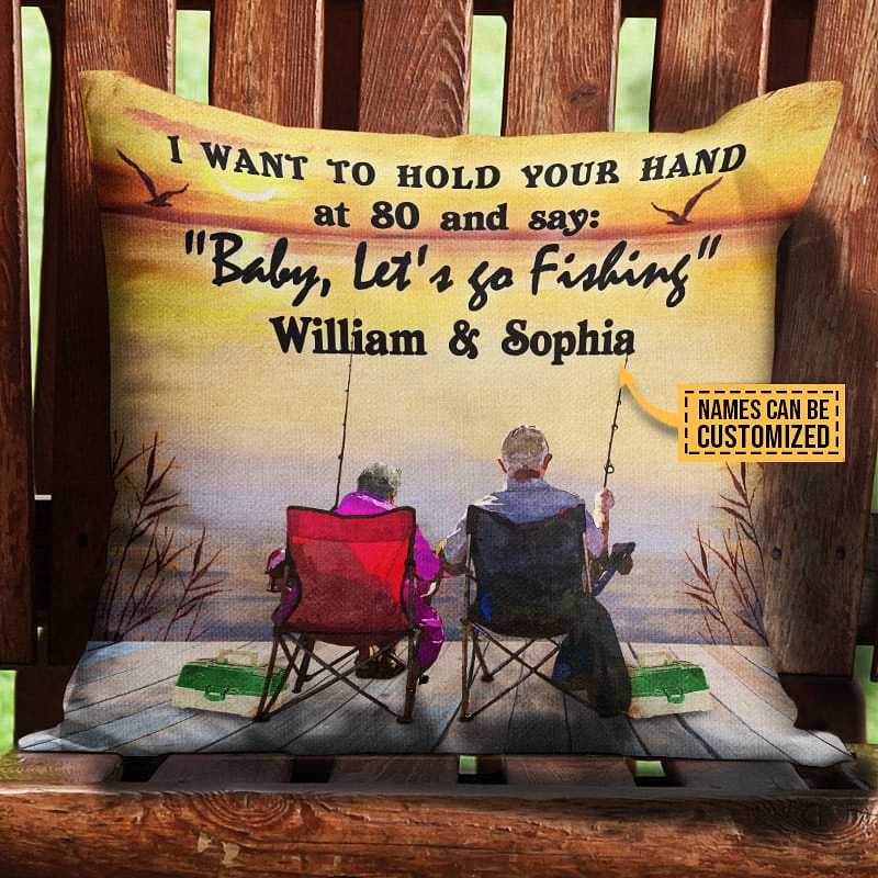 Fishing Old Couple I Want To Hold Your Hand, Couple Gift, Lake Sunset Art, Custom Pillow 1
