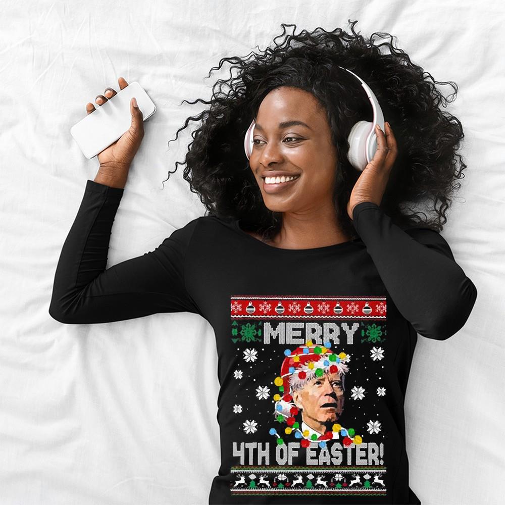 Santa Joe Biden Lights Merry 4th Of Easter Ugly Christmas 2022 Shirt