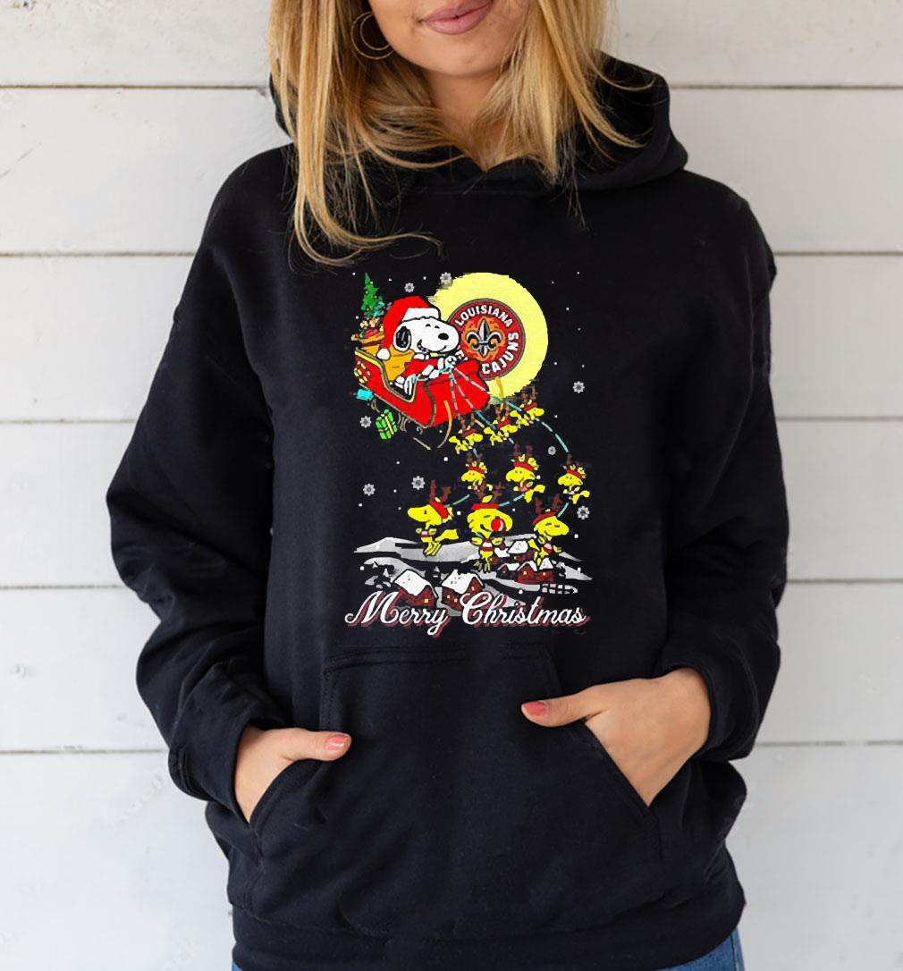 Santa Snoopy And Woodstock Louisiana Lafayette Ragin Cajuns Ugly Merry Christmas shirt