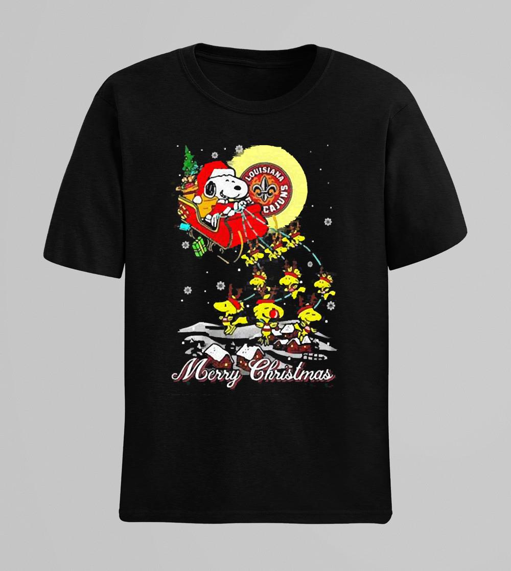Santa Snoopy And Woodstock Louisiana Lafayette Ragin Cajuns Ugly Merry Christmas shirt