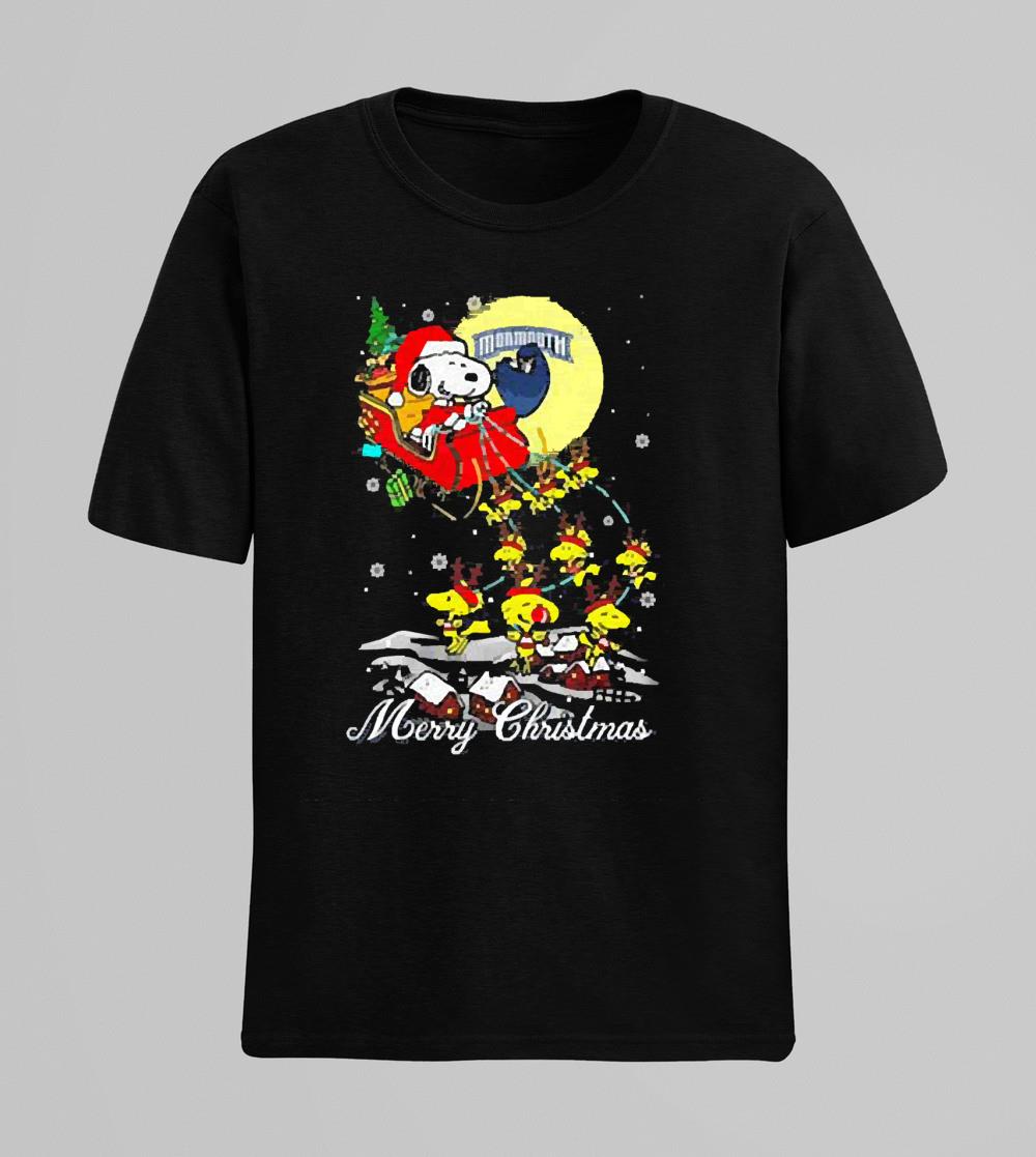 Santa Snoopy And Woodstock Monmouth Hawks Ugly Merry Christmas shirt