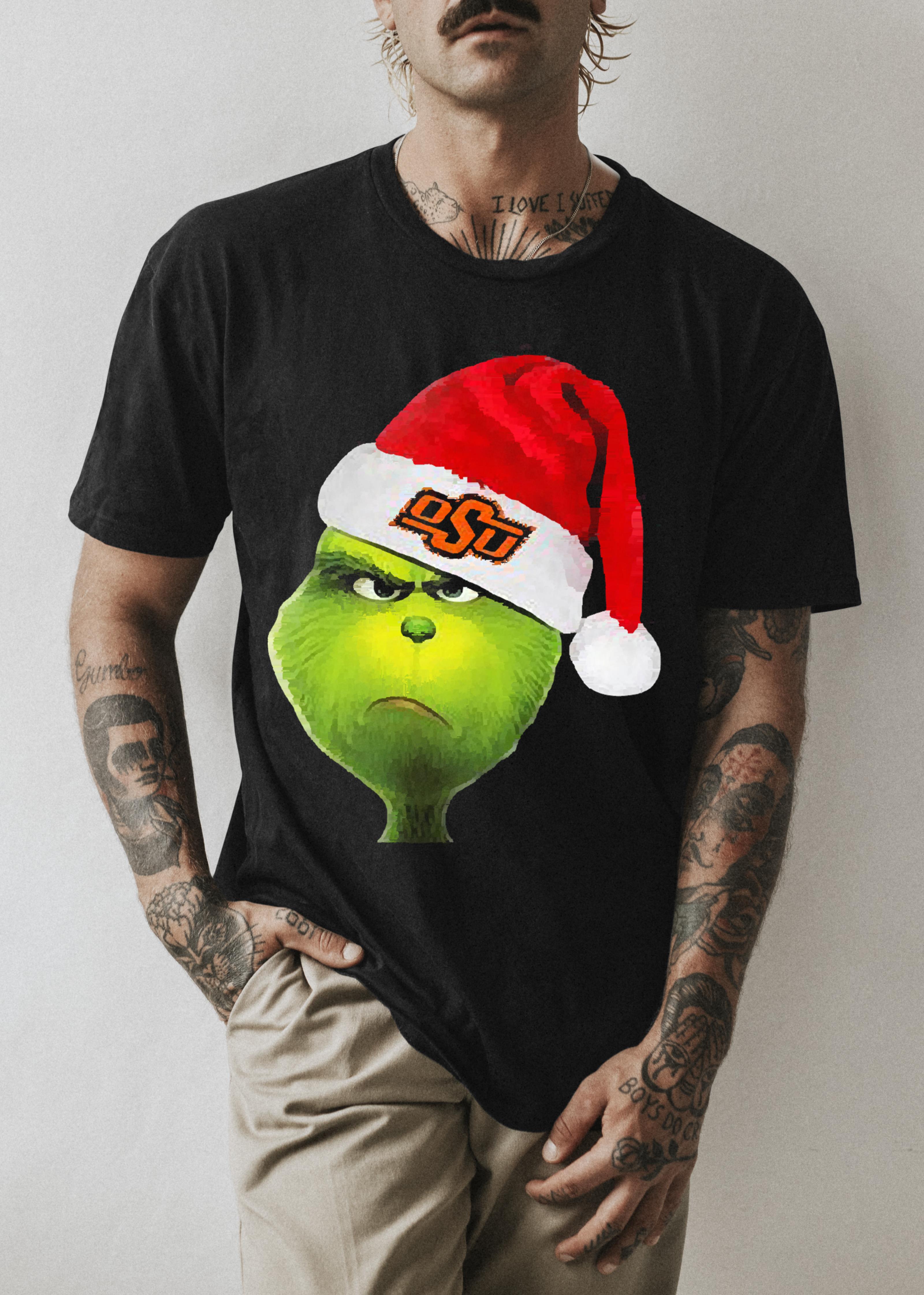 Santa grinch face Oklahoma State Cowboys logo Christmas Shirt
