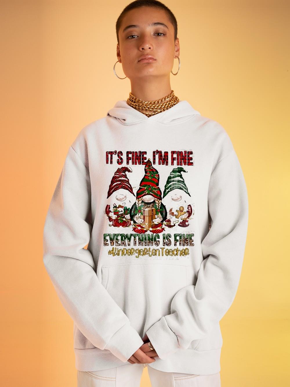 Three Santa Gnomes Leopard Plaid It’s Fine I’m Fine Everything Is Fine Kindergarten Teacher Christmas Shirt