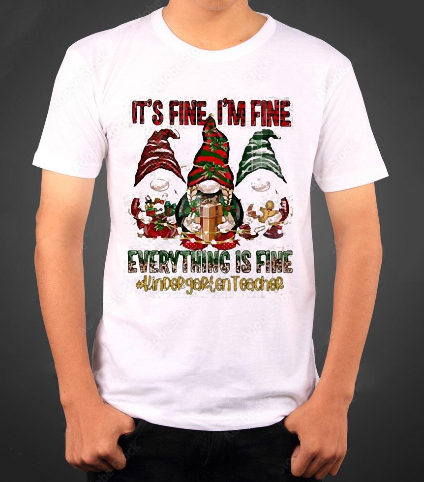 Three Santa Gnomes Leopard Plaid It’s Fine I’m Fine Everything Is Fine Kindergarten Teacher Christmas Shirt