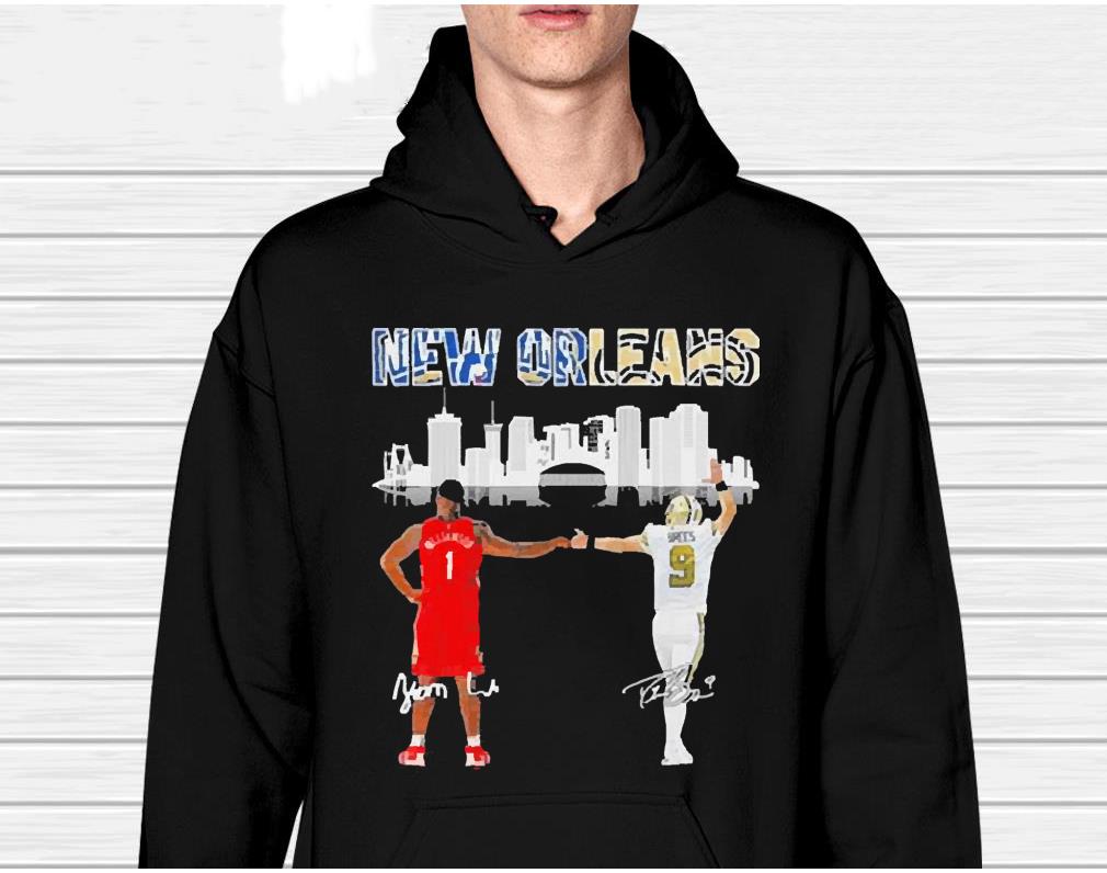 Zion Williamson and Drew Brees New Orleans city skyline signatures shirt 9