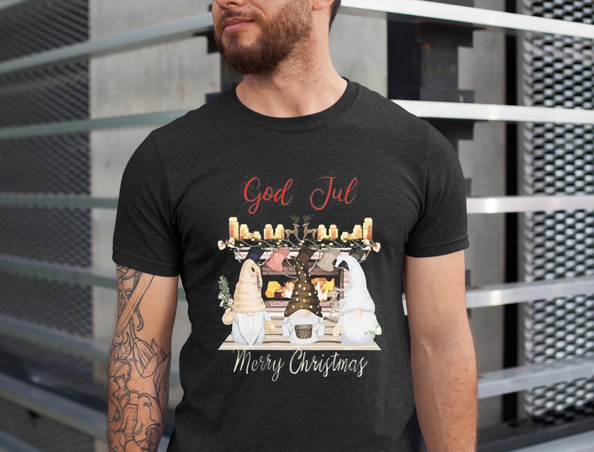 Adorable Nisse With Fireplace God Jul Norwegian Merry Christmas Shirt