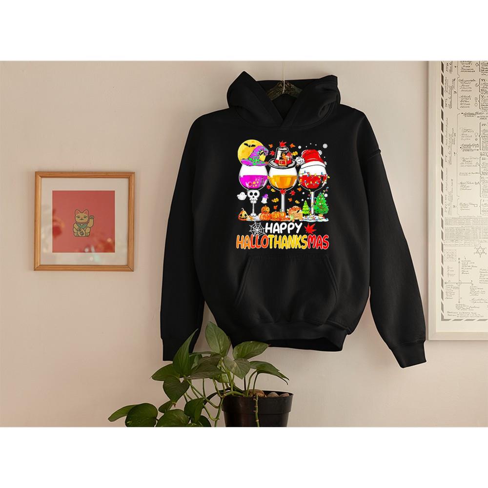 Halloween thanksgiving Christmas happy hallothanksmas wine shirt