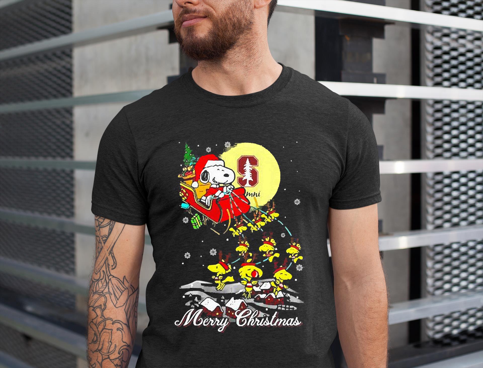 Santa Claus With Sleigh And Snoopy Stanford Cardinal Christmas Shirt