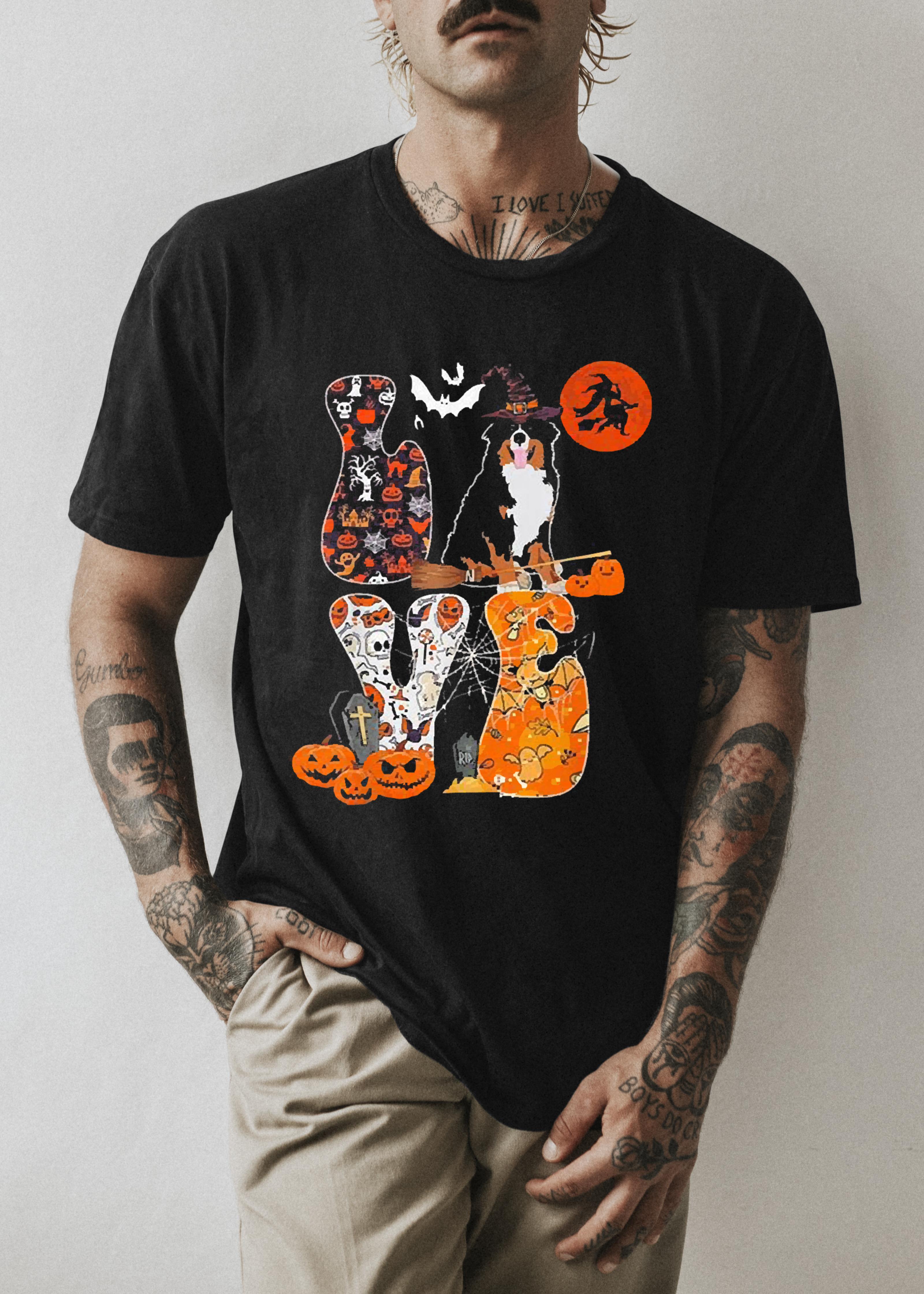 Love Halloween Bernedoodle Costume Witch Horror Pumpkins Funny Halloween Shirt