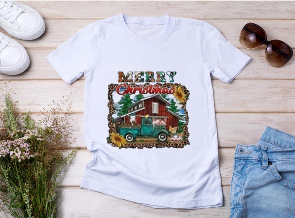 Country Red Barn Farm Animals Cow Chicken Merry Christmas Shirt