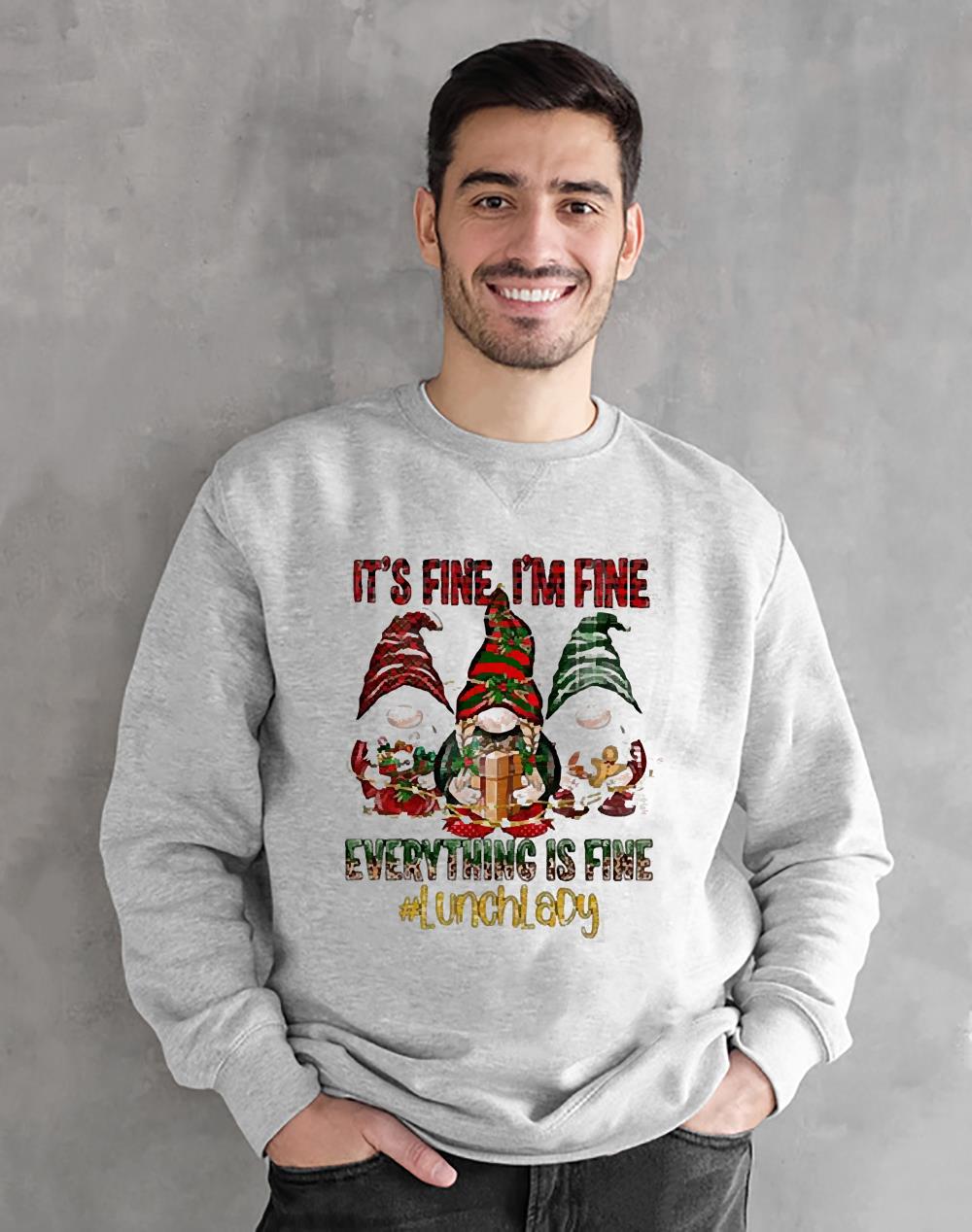 Three Santa Gnomes Leopard Plaid It’s Fine I’m Fine Everything Is Fine Lunch Lady Christmas Shirt