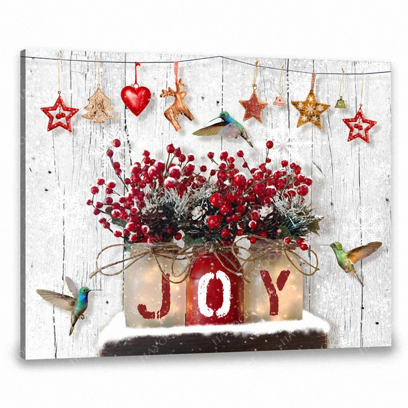 Hayooo Christmas Canvas Cute Winterberry Mason Jars And Hummingbirds Joy Wall Art For Christmas Decor 3