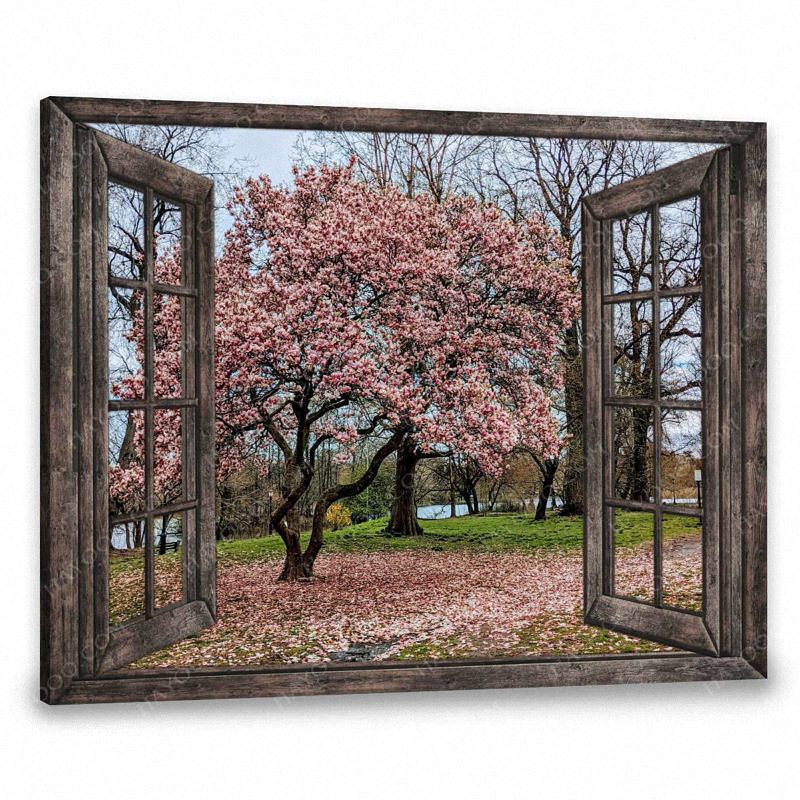 Hayooo Gray Faux Window Canvas Spring Cherry Blossoms Scene Wall Art For Home Decor 9