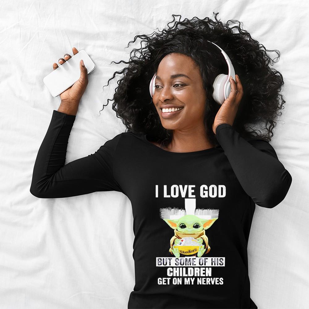 Baby Yoda hug Pittsburgh Steelers i love God but some of his children get on my nerves shirt 1 Baby Yoda hug Pittsburgh Steelers i love God but some of his children get on my nerves shirt 2
