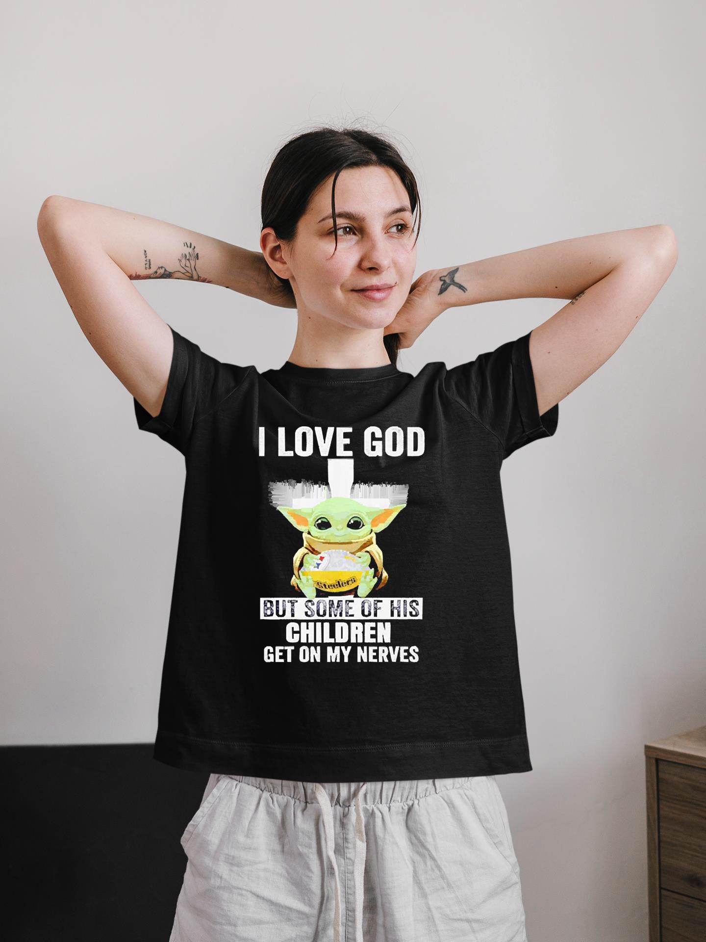 Baby Yoda hug Pittsburgh Steelers i love God but some of his children get on my nerves shirt 3 Baby Yoda hug Pittsburgh Steelers i love God but some of his children get on my nerves shirt 4