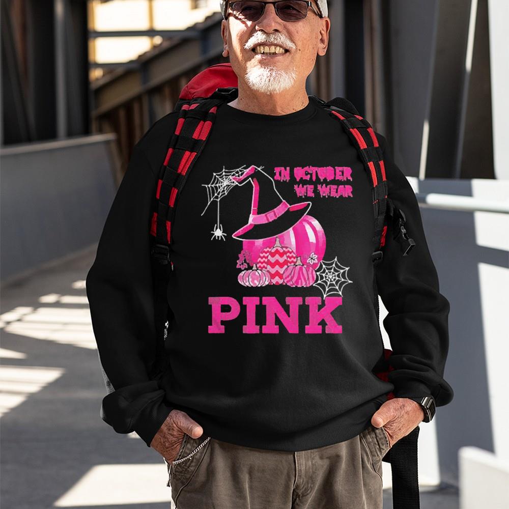 Halloween Breast Cancer Witch Pumpkin In October We Wear Pink Shirt