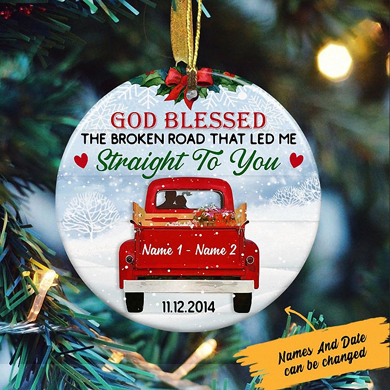 Personalized Love Couple Red Truck Christmas Ceramic Ornament 10