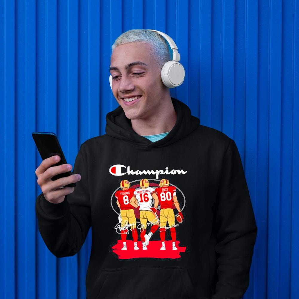 hue1201 champions san francisco 49ers young montana rice signatures shirt hoodie - Champions San Francisco 49ers Young Montana Rice Signatures Shirt