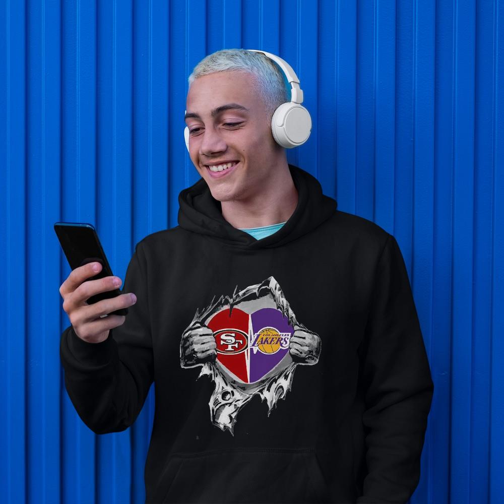 hue1201 san francisco 49ers and los angeles lakers heartbeat inside me shirt hoodie - San Francisco 49ers And Los Angeles Lakers Heartbeat Inside Me Shirt