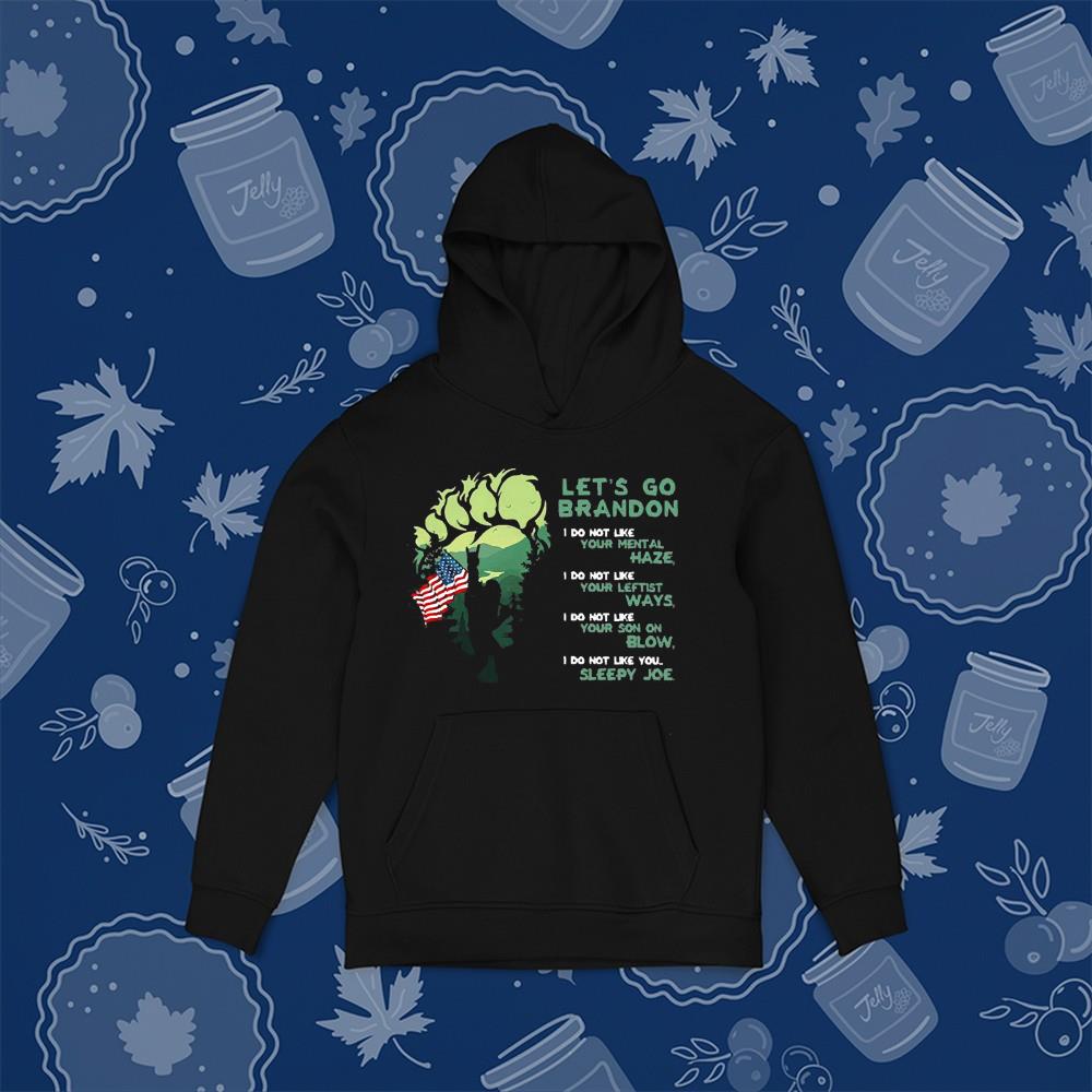 hue143 bigfoot walking american flag let s go brandon i do not like you sleep joe shirt hoodie - Bigfoot walking American flag Let’s go brandon I do not like you sleep Joe shirt