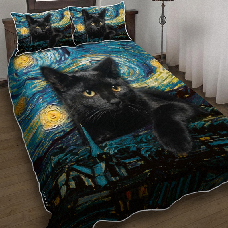 Black Cat Starry Night Quilt Bed Set Block Of Gear 6