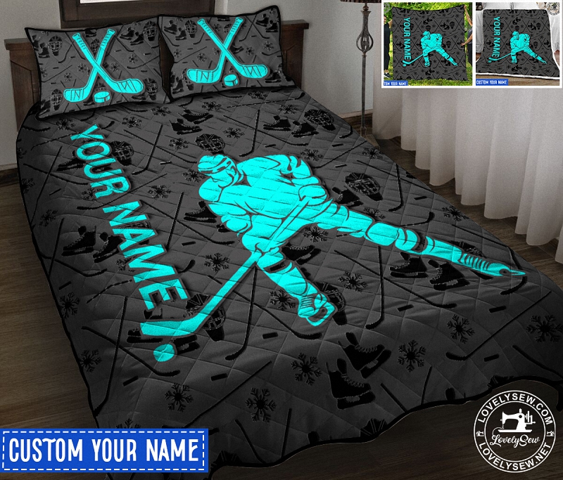 Gifts For Hockey Lovers-Hockey Player Personalized Quilt Bed Set 9