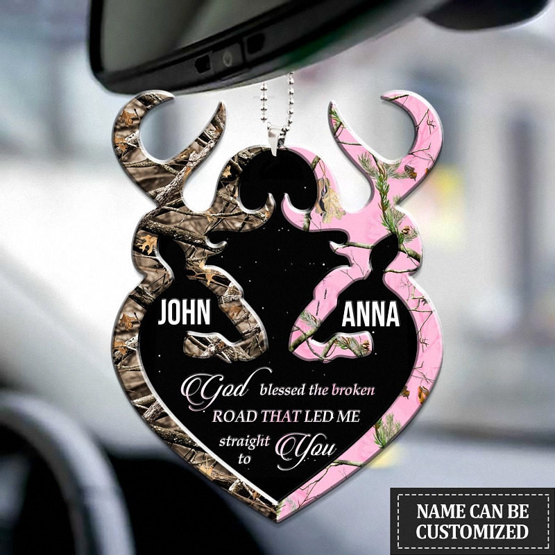 Personalized Buck And Doe Heart God Blessed Ornament 1