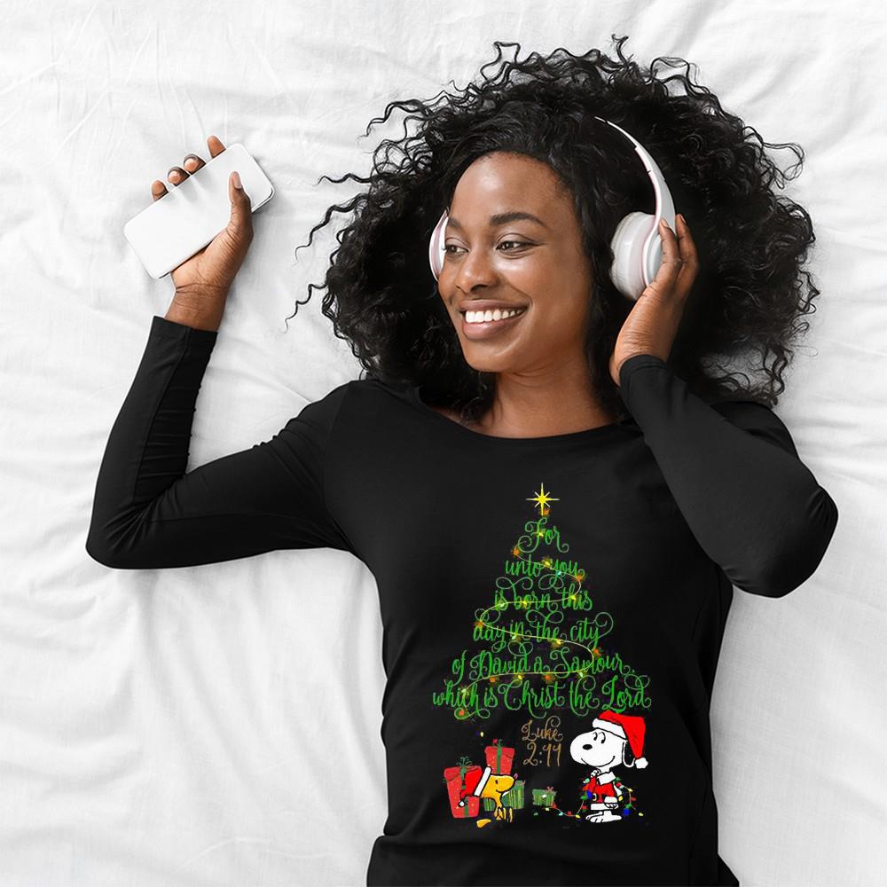 Snoopy Woodstock Christmas tree for unto you is born shirt 1