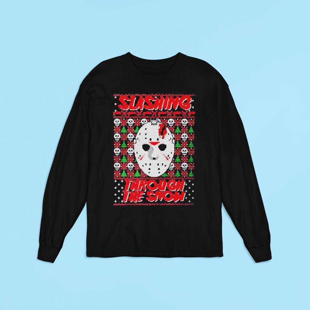 Jason Voorhees slashing through the snow ugly Christmas shirt 1
