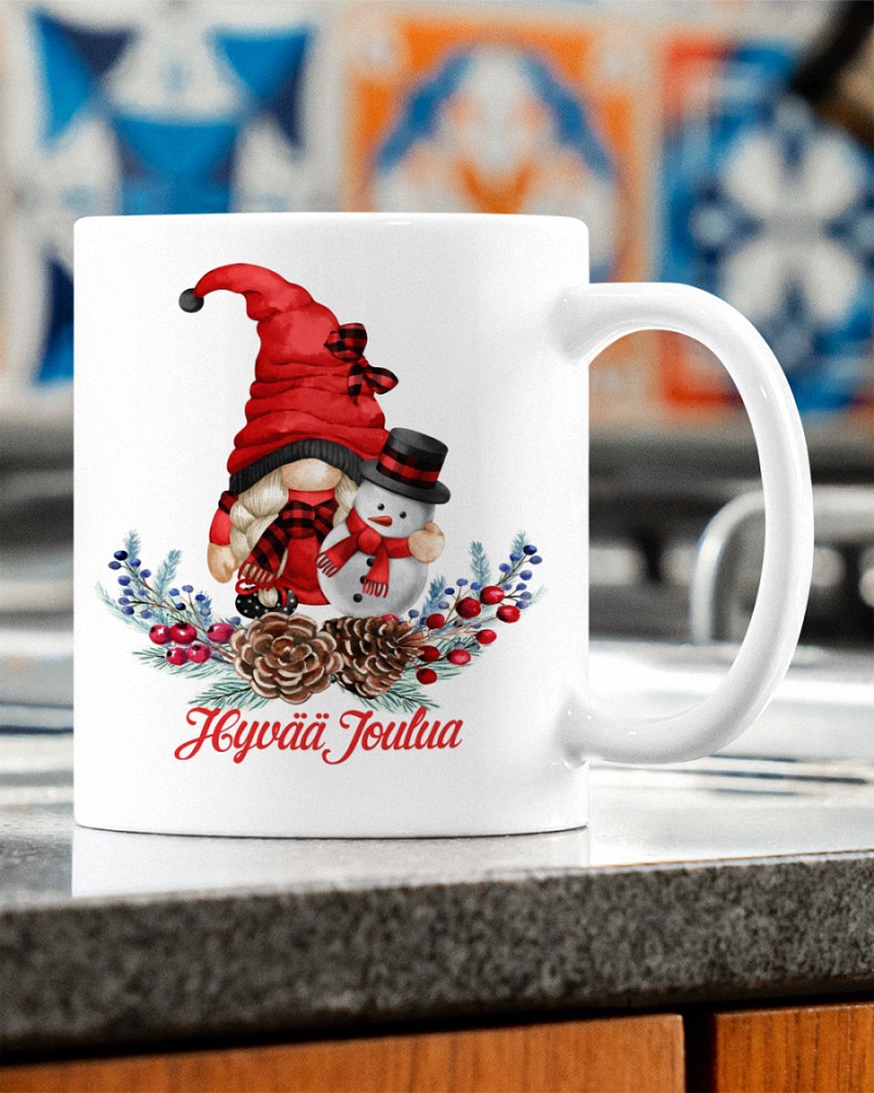 Hyvaa Joulua Cute Finnish Tonttu With Snowman 1