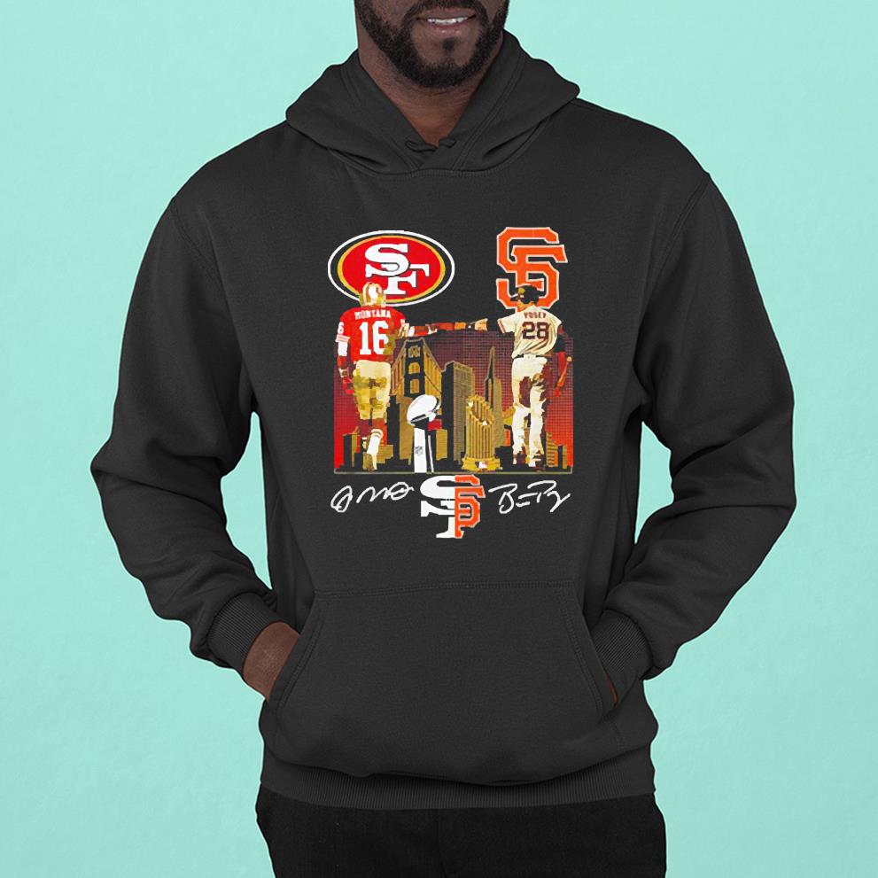 hue2101 san francisco 49ers joe montana 16 and san francisco giants buster posey 28 signatures shirt hoodie - San Francisco 49ers Joe Montana 16 and San Francisco Giants Buster Posey 28 signatures shirt