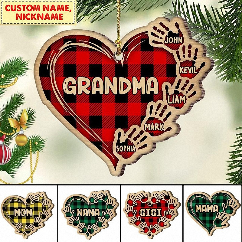 Grandma Mom Heart Hand Print Personalized Wood Ornament 1