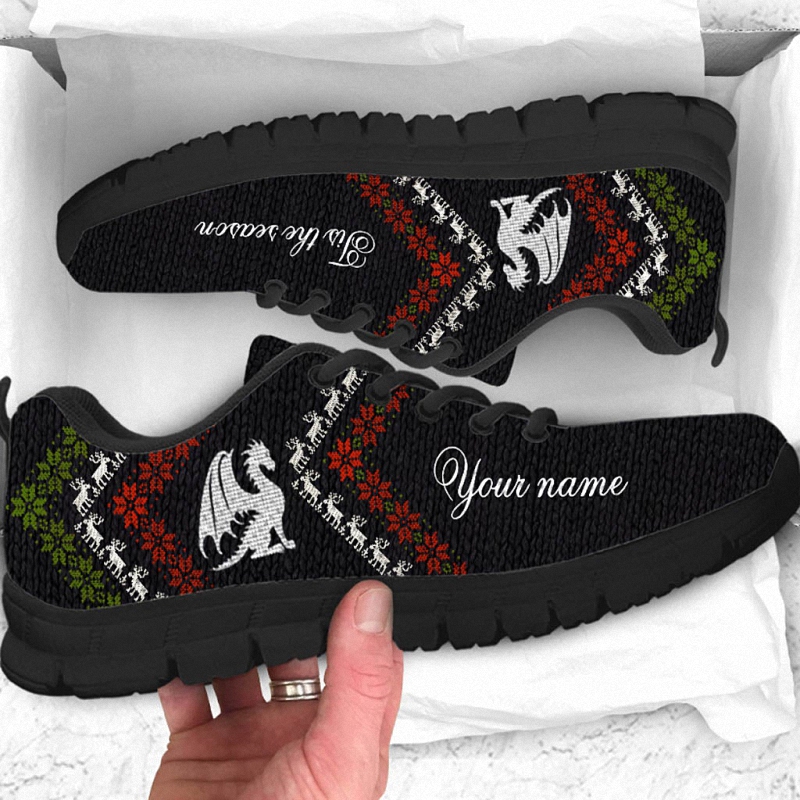 Tis The Season - Personalized Christmas Dragon Sneakers 1 Custom Name, Shoe