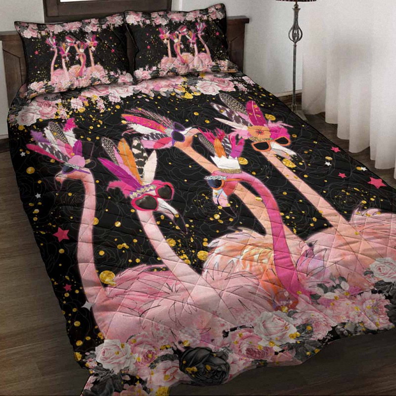 Black Pink Flamingo Quilt Set 1 Quilt