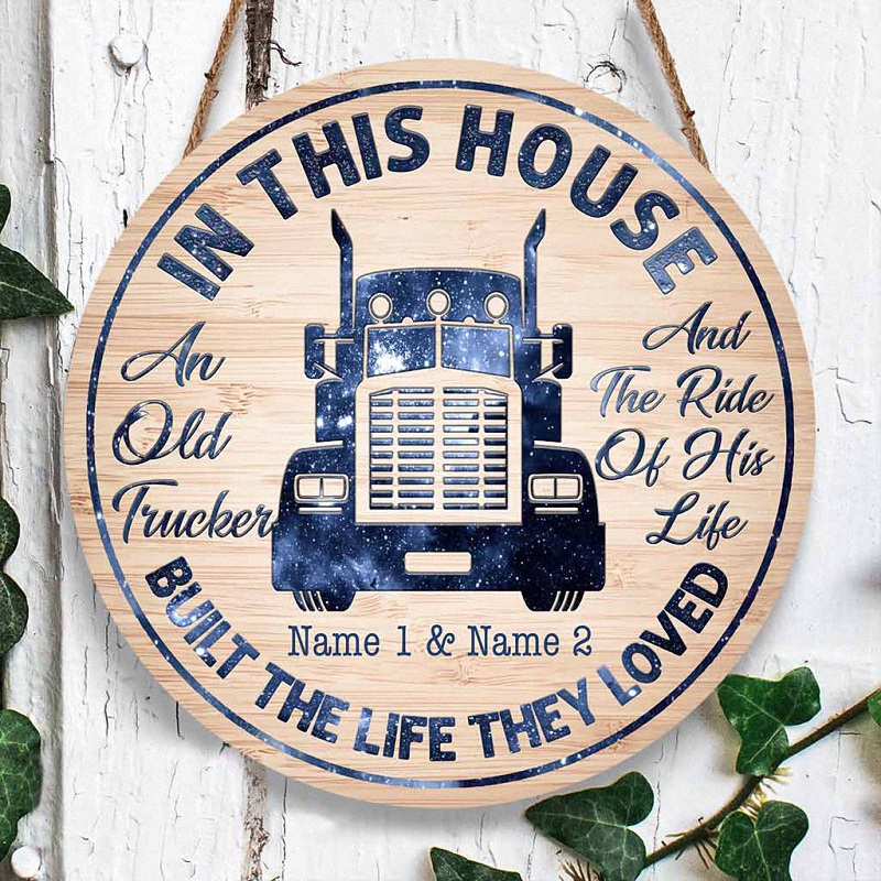 hue501 in this house personalized couple trucker round wood sign in this house personalized couple trucker round wood sign - In This House Personalized Couple Trucker Round Wood Sign
