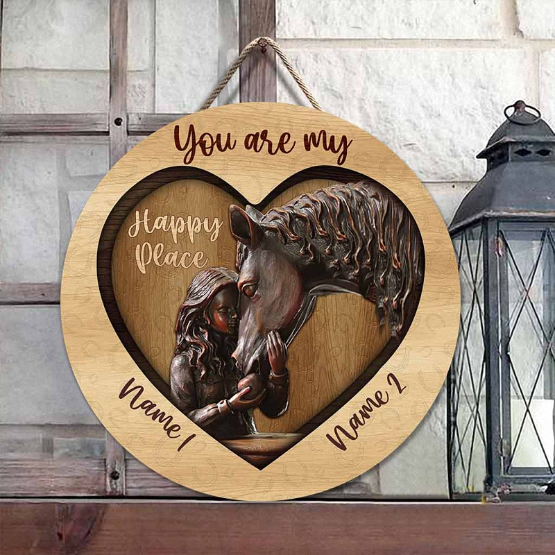 You're My Happy Place Personalized Horse Round Wood Sign 1