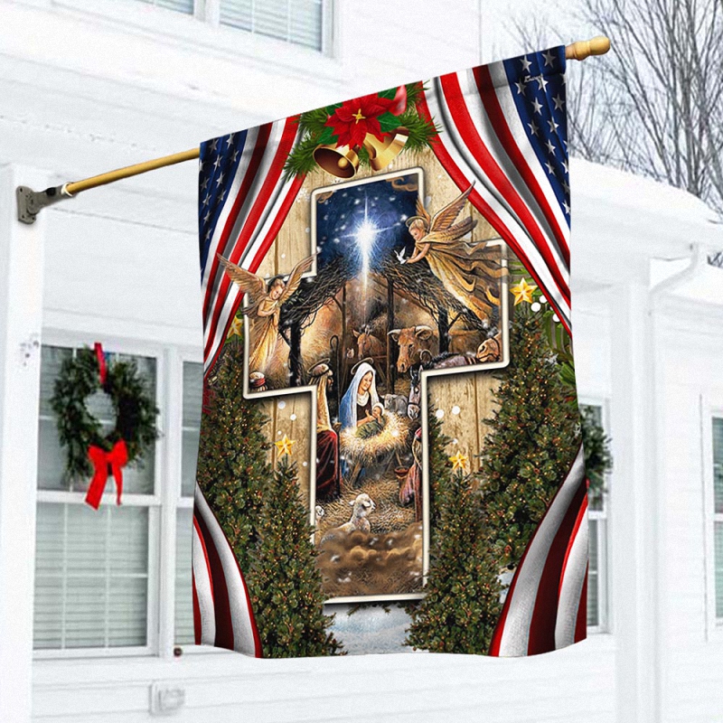 Jesus Christ Is Born. Nativity Of Jesus. Christmas American Flag 1