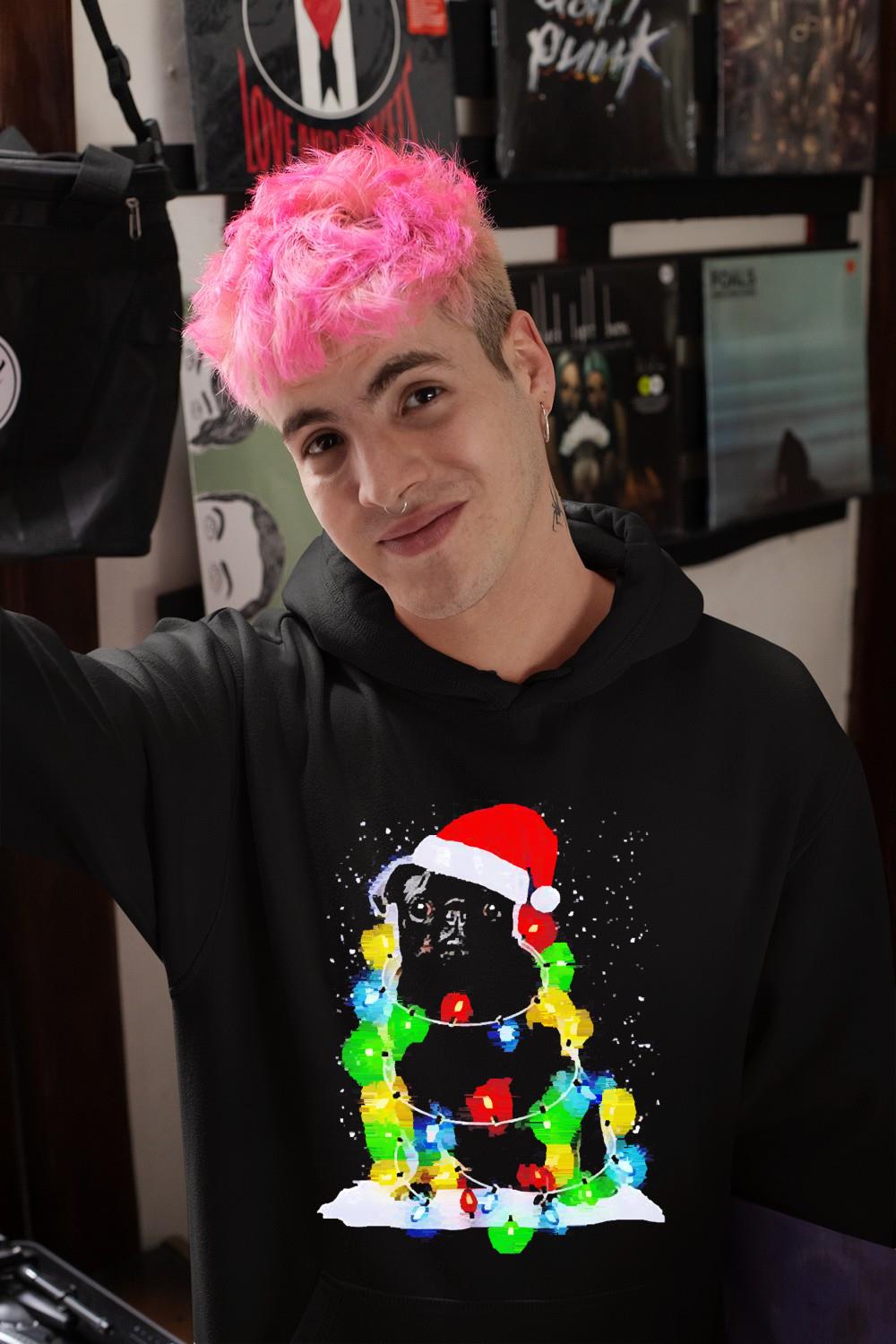 l1412 pug dog santa hat christmas light shirt hoodie - Pug dog Santa hat Christmas light shirt