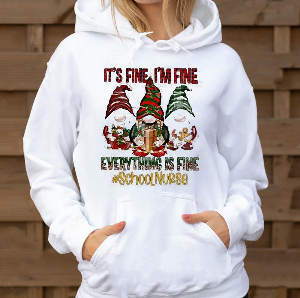 Three Santa Gnomes Leopard Plaid It’s Fine I’m Fine Everything Is Fine School Nurse Christmas Shirt 46 Merry Christmas