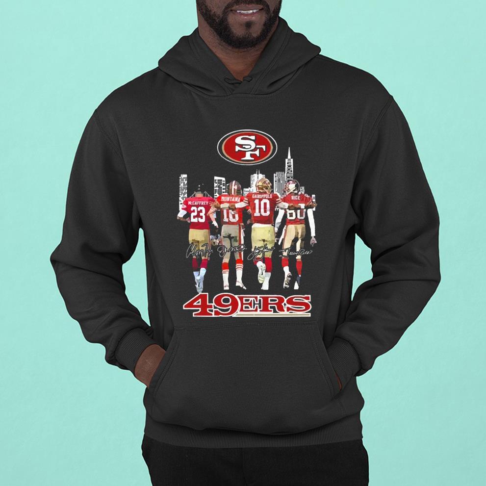 San Francisco 49ers Mccaffrey Montana Garoppolo And Rice Signatures Shirt 28 Merry Christmas