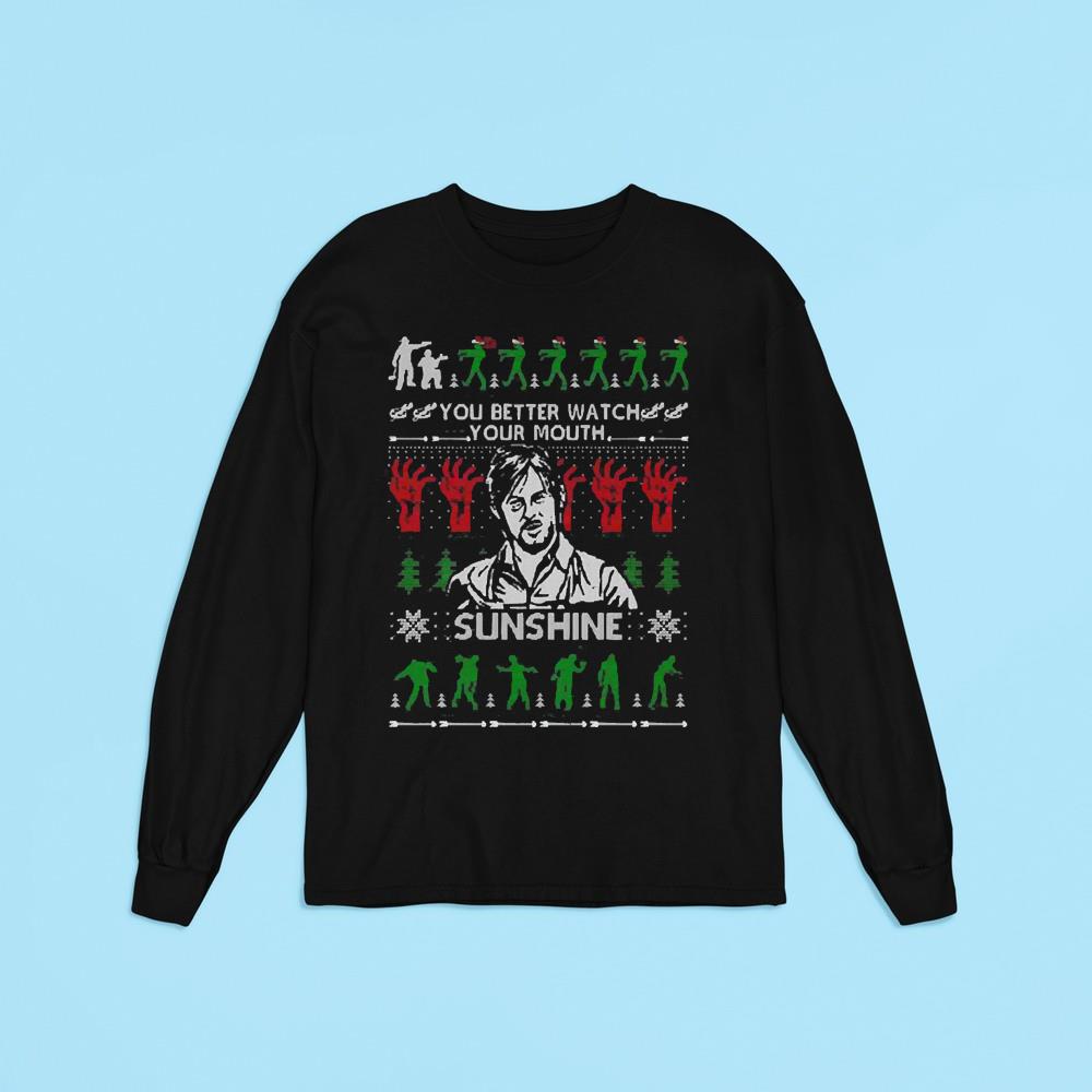 l912 zombie christmas pattern daryl in the walking dead you better watch your mouth sunshine long sleeve - Zombie Christmas Pattern Daryl In The Walking Dead You Better Watch Your Mouth Sunshine Ugly Shirt
