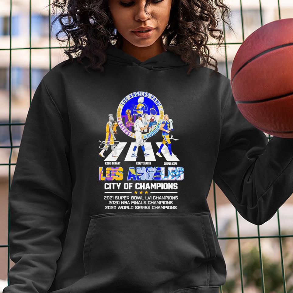 Los Angeles Rams 2021 Los Angeles Lakers 2020 Los Angeles DOdgers 2020 Kobe Bryant Corey Seager Cooper Kupp signature Abbey Road shirt 1