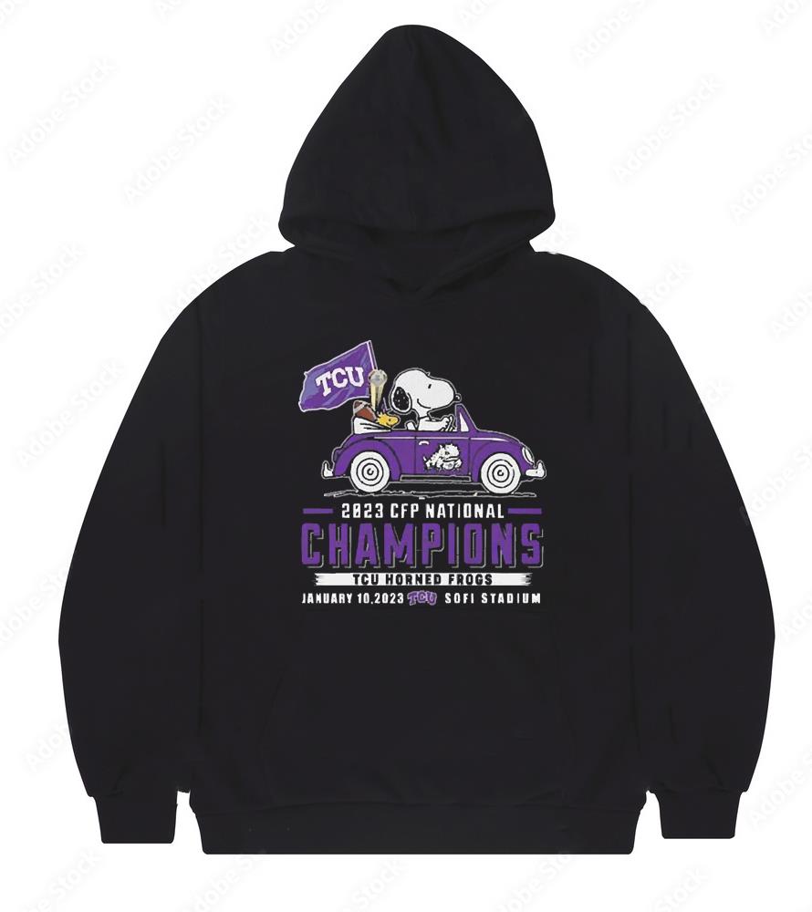 m131 tcu horned frogs snoopy and woodstock driving car 2023 cfp national champions shirt hoodie - TCU Horned Frogs Snoopy And Woodstock Driving Car 2023 CFP National Champions shirt