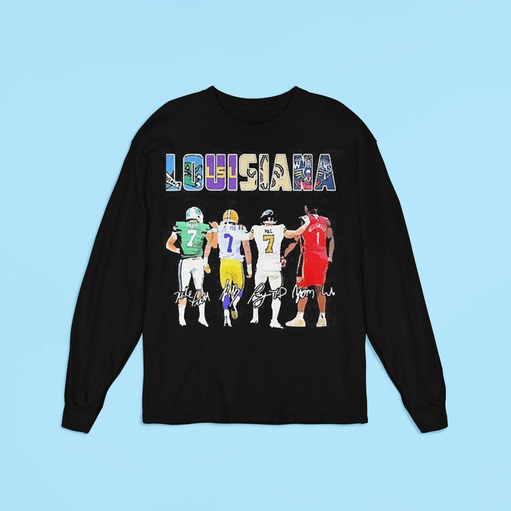 m181 louisiana sports michael pratt leonard fournette taysom hill and zion williamson long sleeve - Louisiana Sports Michael Pratt Leonard Fournette Taysom Hill And Zion Williamson Signatures Shirt