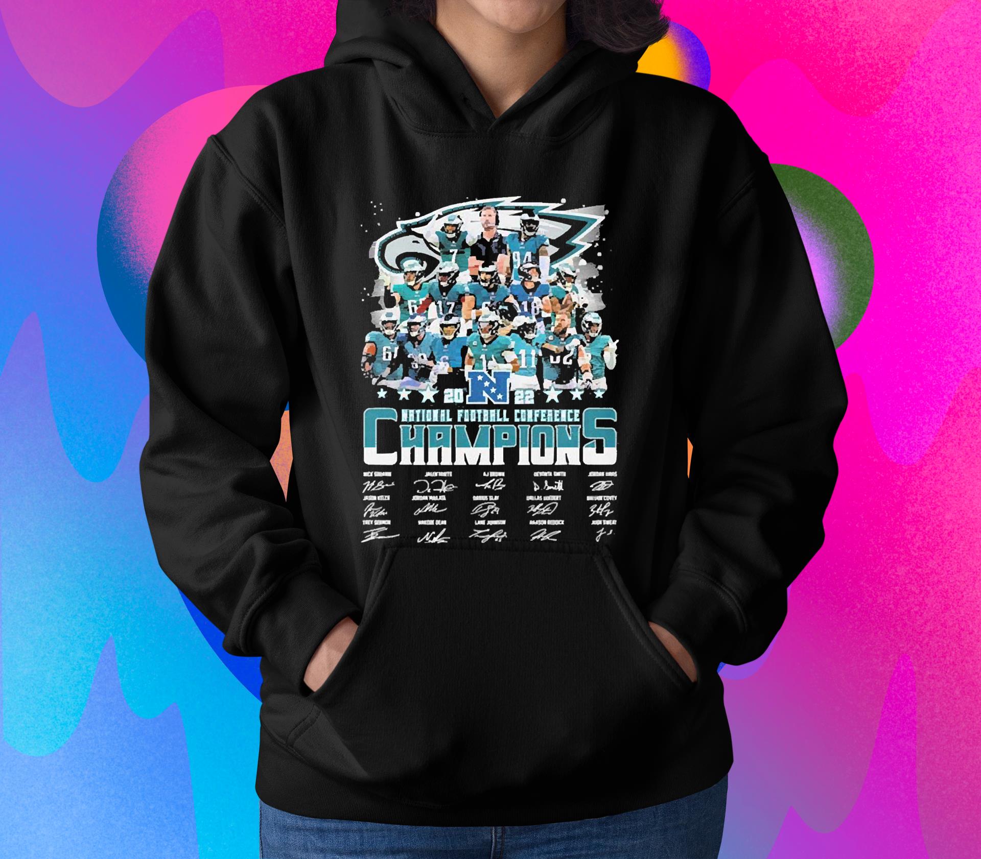 m22 philadelphia eagles 2022 nfc national football conference champions signatures shirt hoodie - Philadelphia Eagles 2022 NFC National Football Conference Champions Signatures shirt